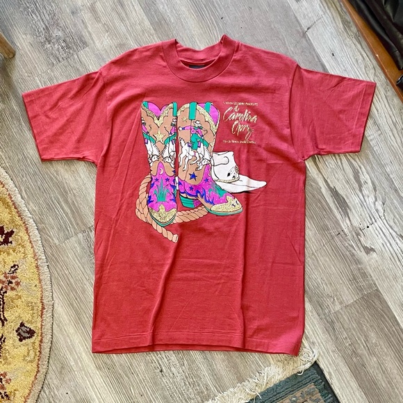 Vintage Tops - Vintage 1994 Diamond Dust Gold Sparkle Cowgirl Boots Print Carolina Opry T-Shirt